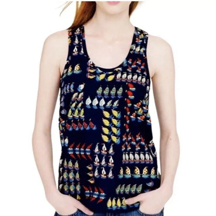 J. Crew Womens 4 Nautical Sailboat Navy Blue Blouse Tank Top Shirt